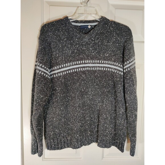 Vintage 80s Michael Gerald Sweater Gray Stripe Knit Acrylic Size XL Korea - Picture 1 of 3